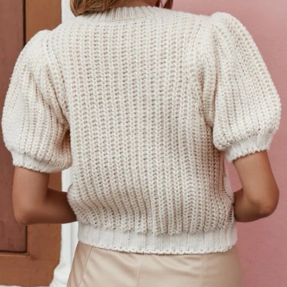 NEW CHUNKY CABLE KNIT PUFF SLEEVE SWEATER TOP - ECRU - Picture 5 of 5